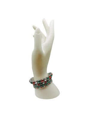 Vintage Red & Green Crystal Stretch Bangles Set Of 4 Holiday-Inspired Jewelry